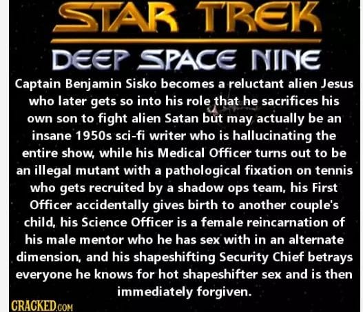 This meme is a humorous take on the TV show "Star Trek: Deep Space Nine". The text reads: "In 2-3 sentences, describe this meme for someone who cannot see it. The meme is a quote from the TV show "Star Trek: Deep Space Nine", specifically from a character's line in a 1995 episode. The quote is a humorous and ironic take on the character's line from a 1995 episode, poking fun at the character's personality and the show's sci-fi setting."